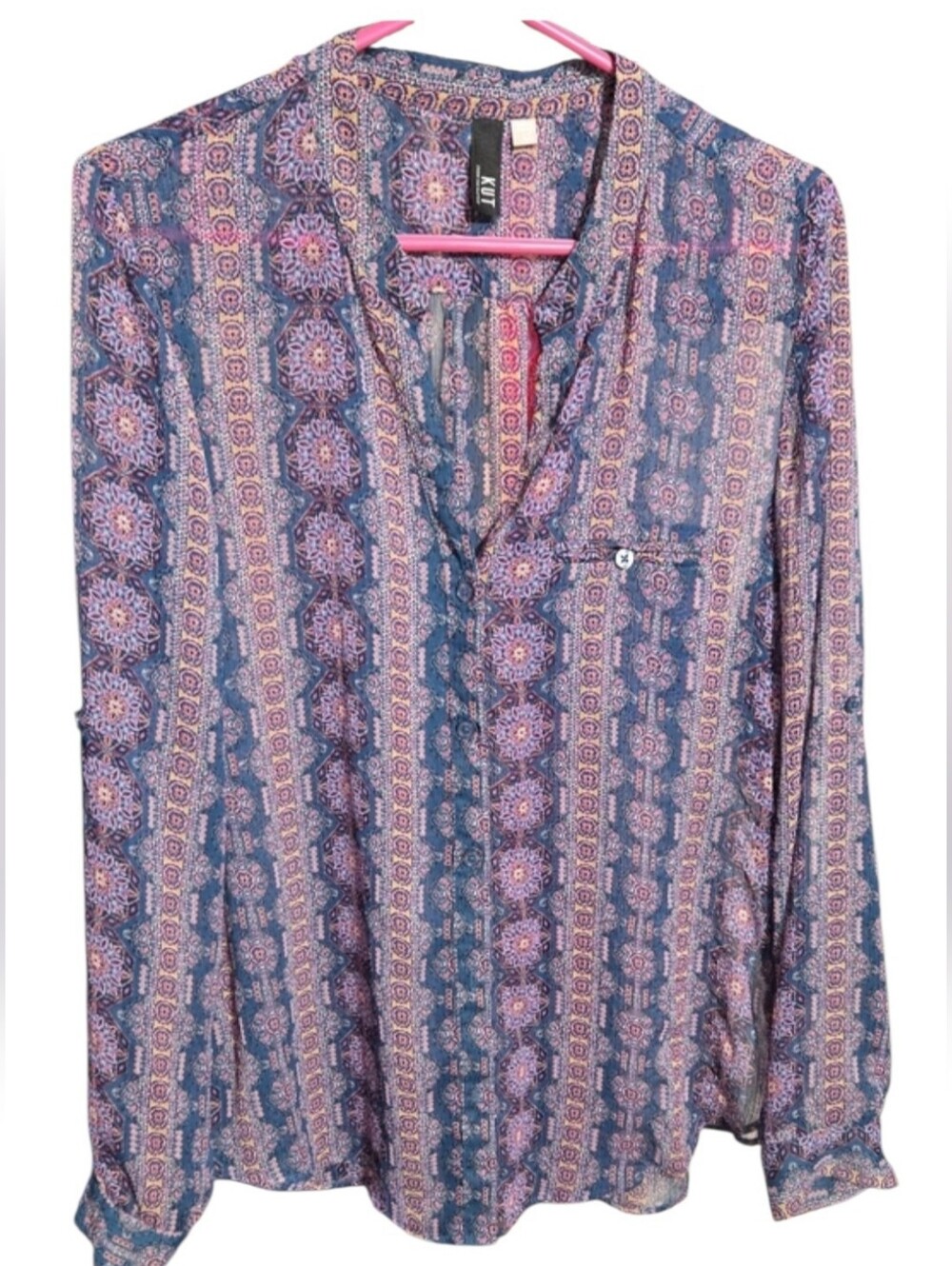 Kut from the Kloth Blue and Pink Printed V-Neck Blouse